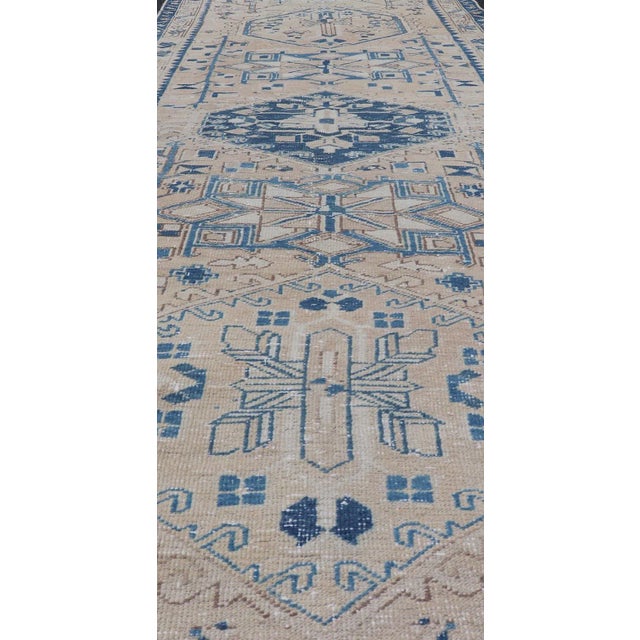 Vintage Persian Heriz Long Runner With Medallions in Tan, Light Brown and Blue For Sale - Image 4 of 11