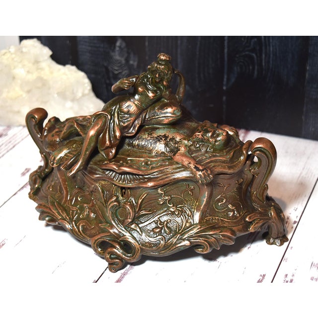Antique Art Nouveau Metal Dresser Box Casket Lady on Bear Skin Rug For Sale - Image 4 of 18