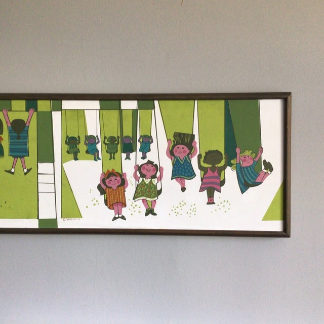 Wood 1963 David Weidman Framed Vinyl on Masonite Silkscreen of “Children at the Playground ” For Sale - Image 7 of 12