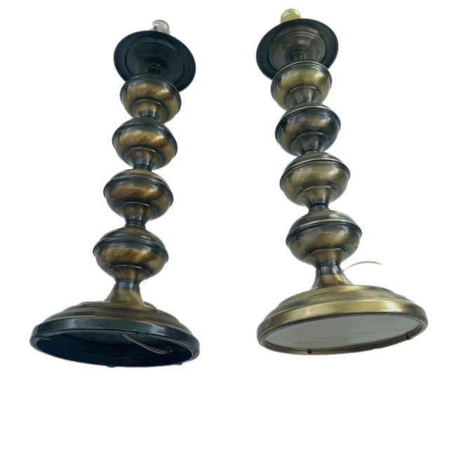 Brass Mid Century Modern Brass Tone Stacked Cylinder Table Lamp- A Pair For Sale - Image 8 of 12