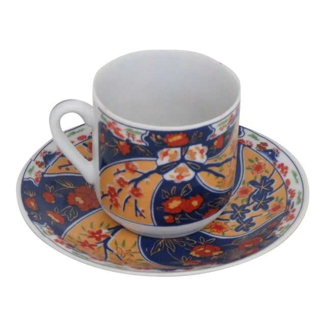 Japan Asian Blue Red and Yellow Floral Coffee Espresso Cup and Saucer Set For Sale