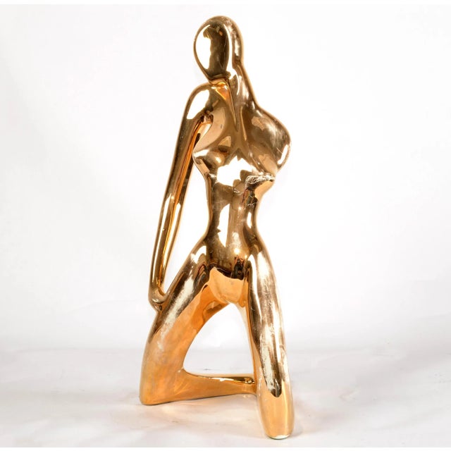 1986 Jaru Ceramic Cubist Nude Sculpture in distressed gold finish. Bohemian Chic from the Mid-Century Modern Period....