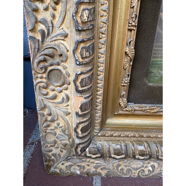 Rustic European Decorative Antique European Landscape Print Housed in an Ornate Giltwood Frame With Age, Wear and Patina For Sale - Image 3 of 10