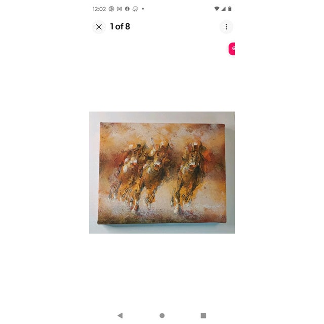 Burnt Orange M. Harold Artist-Signed Abstract Horse Racing Canvas Painting 10" X 8" (P0071b4) For Sale - Image 8 of 10