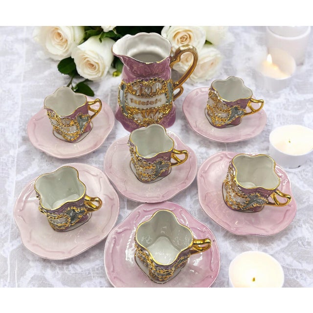 Ceramic Baroque Porcelain Coffee Service with Gold and Pink Decorations, Set of 13 For Sale - Image 7 of 14