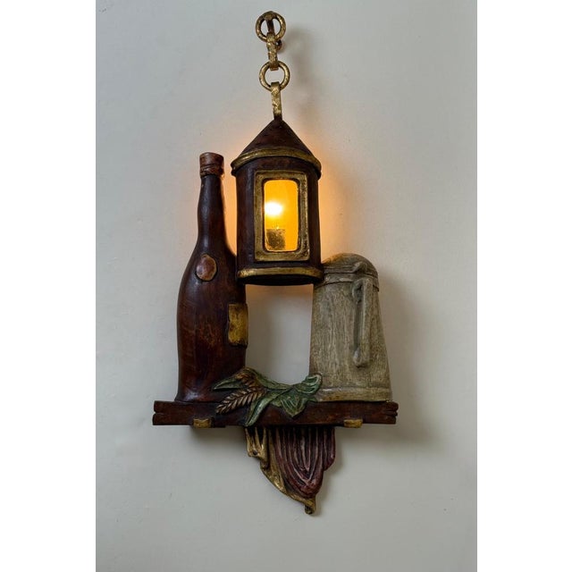 Italian Murano Glass Beer Lantern Wall Light in Hand-Carved Wood, 1970s For Sale - Image 6 of 18