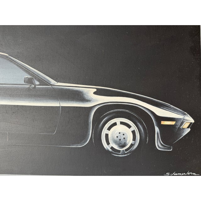 1980s Schamerhorn Classic Black Porsche 928 Oil on Canvas Painting – Signed, Unframed For Sale - Image 4 of 13