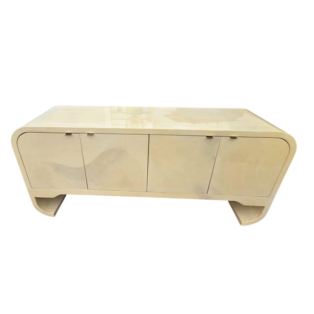 Cream Vintage 1970s Faux Goatskin Console Buffet Karl Springer Style Postmodern Credenza For Sale - Image 8 of 17