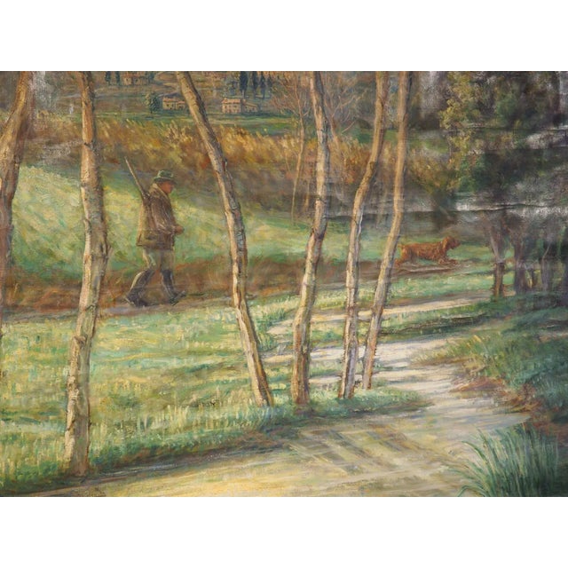 Textile Large French Landscape Painting of a Hunter and Hillside Village, Signed and Dated 1962 For Sale - Image 7 of 12