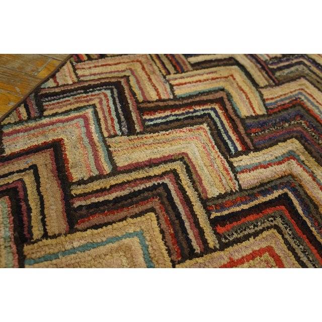 1920s Multi Brown Zig Zag Folk Art Antique American Hooked Rug 2' 7'' X 4' 6'' Handwoven Wool Carpet For Sale In New York - Image 6 of 13