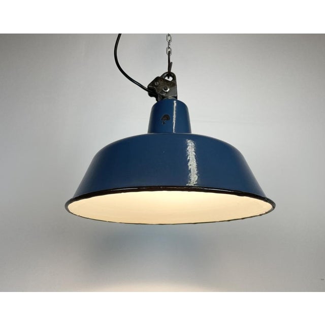 Industrial Blue Enamel Factory Lamp with Cast Iron Top, 1960s For Sale - Image 9 of 14