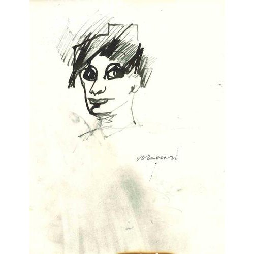 Mino Maccari, The Portrait Drawing, Mid-20th Century, Ink on Paper For Sale