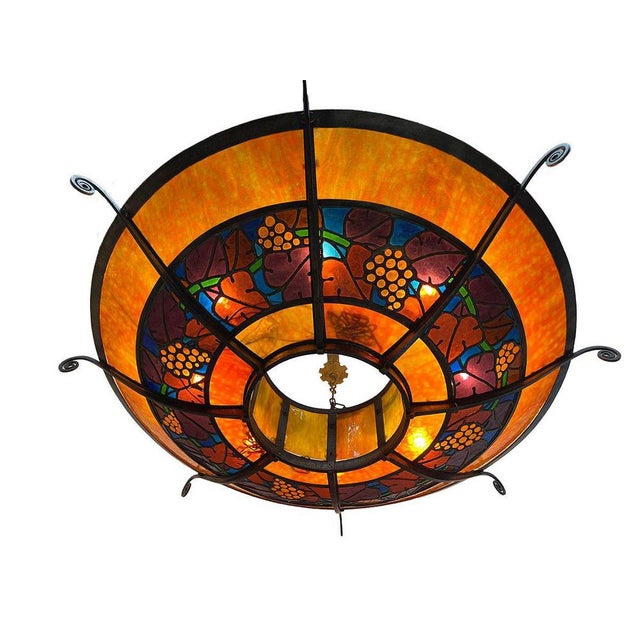 Large French Round Stained Glass Chandelier, 1900s For Sale - Image 15 of 17