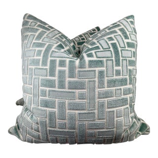 Aqua & White Rectangle Cut Velvet 22" Pillows-A Pair For Sale