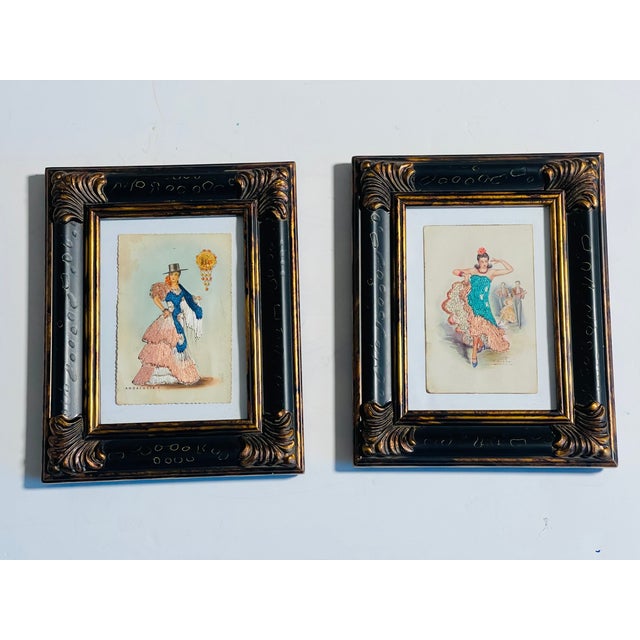 Pair antique Spanish embroidered flamenco dancers postcards framed.