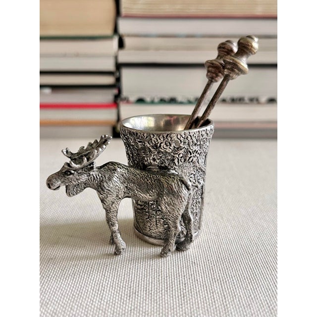 Cabin Vintage German 95% Pewter Moose Match and Toothpick Holder For Sale - Image 3 of 12