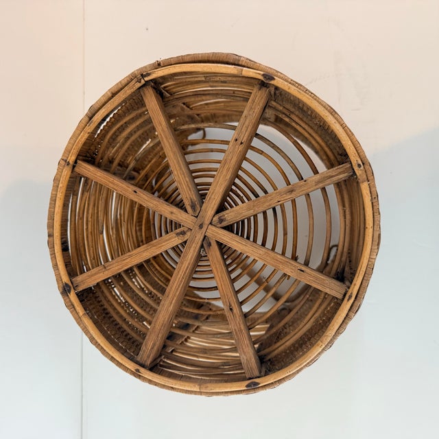 Vintage Handwoven Rattan Basket With Double Handles and Geometric Weave For Sale - Image 9 of 10