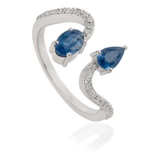 14k Gold Pear & Oval Cut Blue Sapphire & Diamond Bypass Toi Et Moi Ring Size 6.5 For Sale