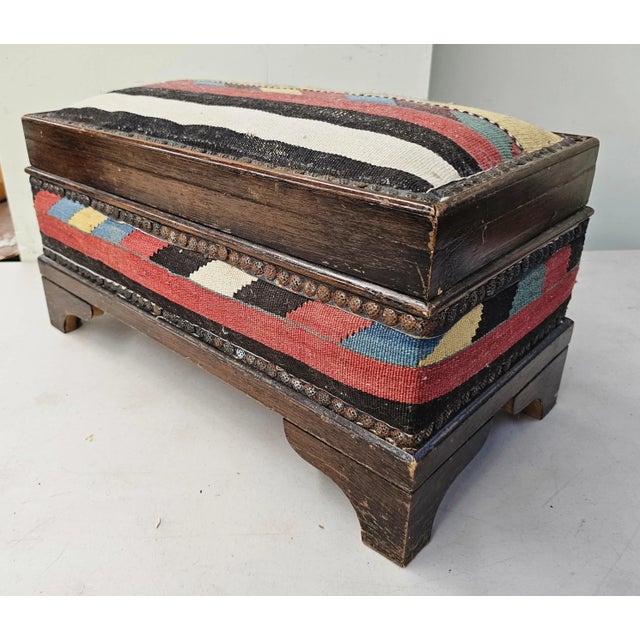 Wood Middle Eastern Kilim Upholstered Stained Pine Table Chest For Sale - Image 7 of 7