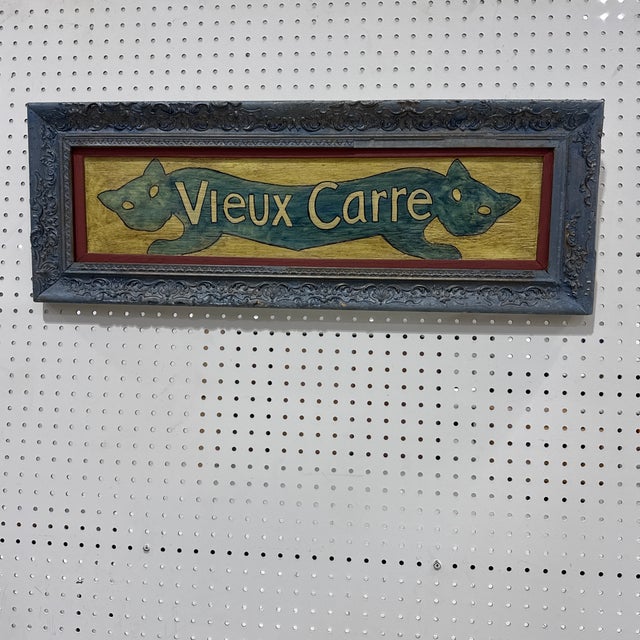 Beautiful folk art painting done in the 70s in Louisiana depicting a cat with “vieux carre” which means Old square in...
