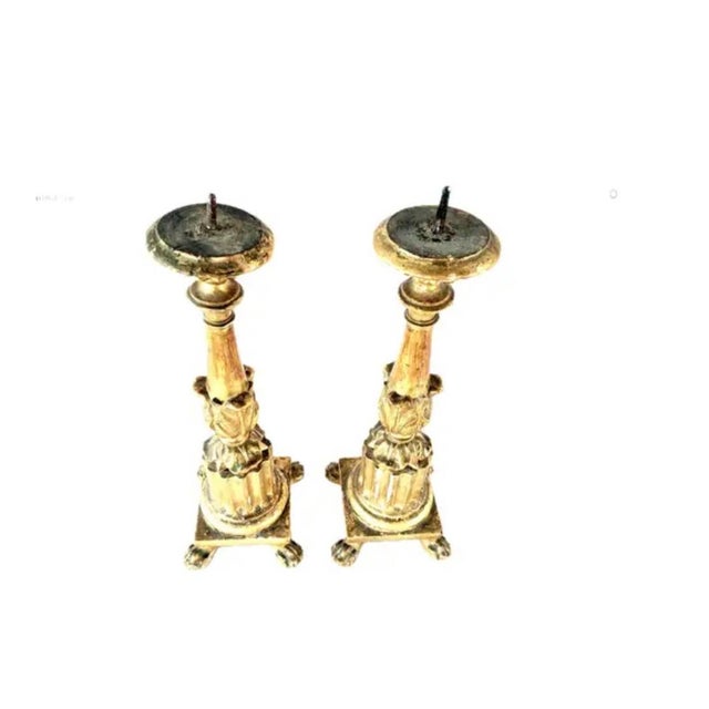Italian Carved and Gilded Wooden Pricket Candlesticks, a Pair For Sale - Image 4 of 13