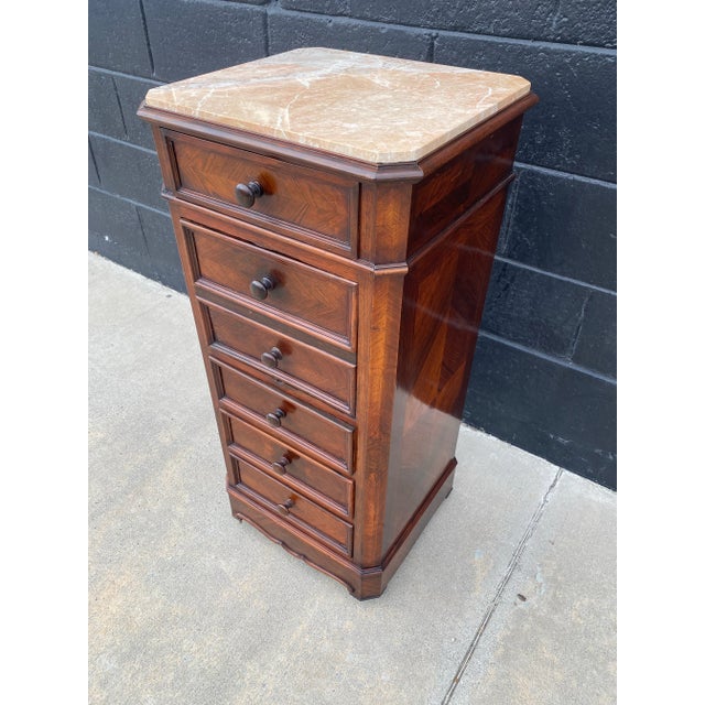 Victorian 19th Century French Walnut Marquetry Nightstand With Marble Top and Original Casters For Sale - Image 3 of 11