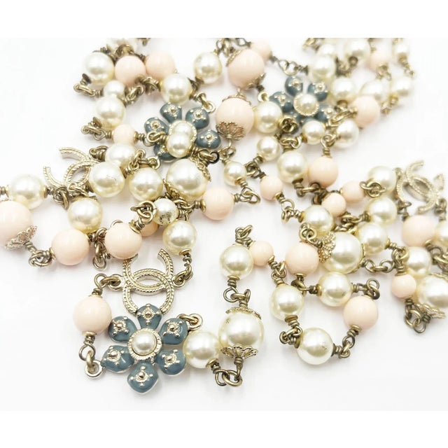 Chanel Gold CC Pastel Blue Pink Flower Faux Pearl Necklace