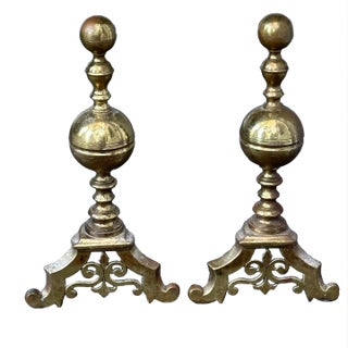 Pair of French Style Brass Andirons With Fleur De Lis For Sale