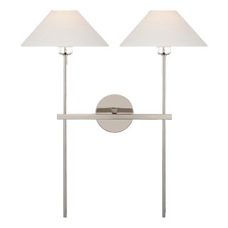 J. Randall Powers for Visual Comfort Signature Hackney 25" Double Tail Sconce in Polished Nickel with Linen Shades For Sale