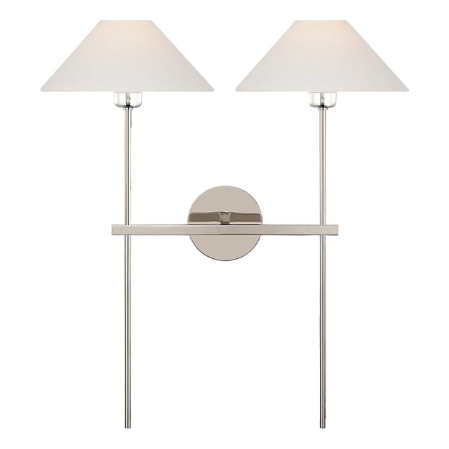 J. Randall Powers for Visual Comfort Signature Hackney 25" Double Tail Sconce in Polished Nickel with Linen Shades For Sale