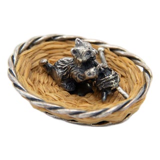 Miniature Silver Cat Lying in Basket, 1980s For Sale