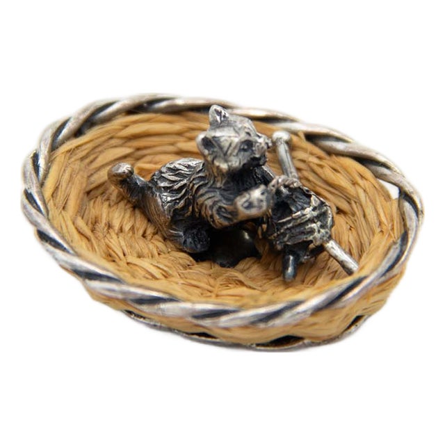 Miniature Silver Cat Lying in Basket, 1980s For Sale