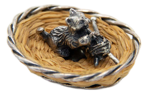 Miniature Silver Cat Lying in Basket, 1980s
