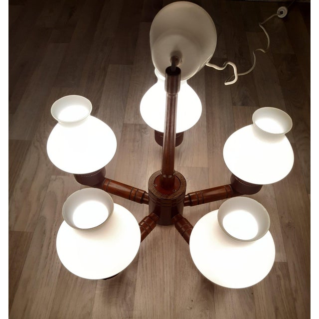Wood 1970s Vintage Danish Hanging Lamp in Wood and Opaline Glass For Sale - Image 7 of 8