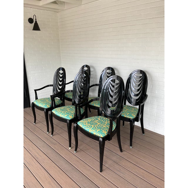 Italian Vintage Pietro Constantini for Ello Black Lacquered Arm Chairs- Set of 6 For Sale - Image 3 of 13