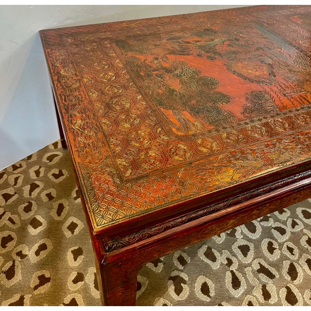 Maroon Chinoiserie Coffee Table, Hand Carved Lacquer, French, 1940s For Sale - Image 8 of 18