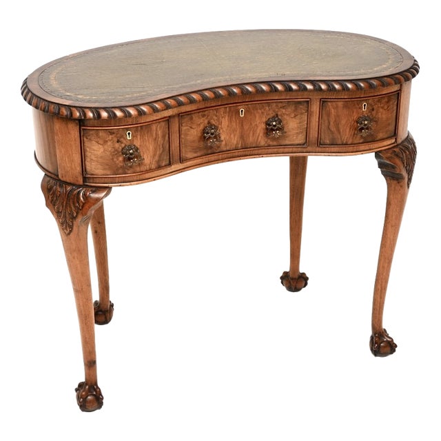 Antique Burr Walnut Leather Top Kidney Shaped Desk, 1900 For Sale