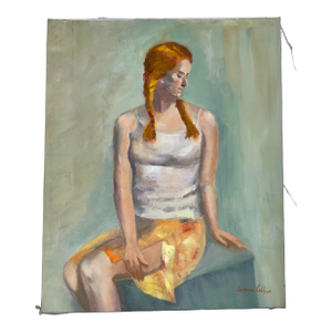 Barbara Lebhar Acrylic on Canvas Painting of a Braided Red Head Young Woman Sitting on a Blue Bench
