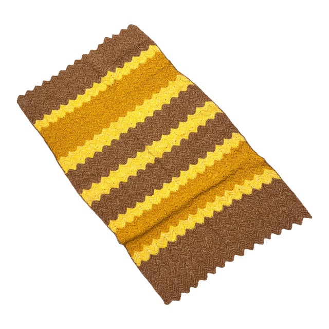 Mid Century Hand Made Caramel, Hazelnut, and Yellow Afghan Throw Blanket For Sale