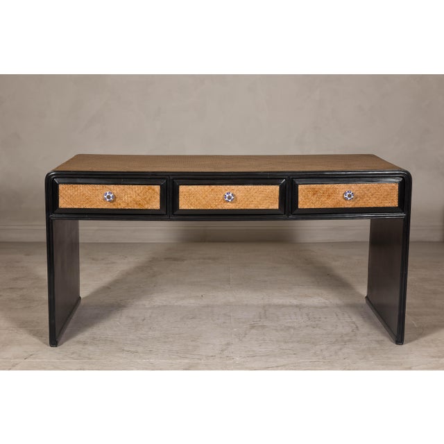 Rattan over Wood Waterfall Desk with Black Lacquer Finish and Three Drawers For Sale - Image 4 of 12