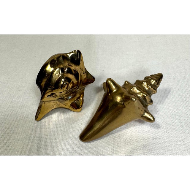 Vintage Coastal Solid Polished Brass Shell Sculpture Decorative Objects, a Pair For Sale - Image 12 of 12
