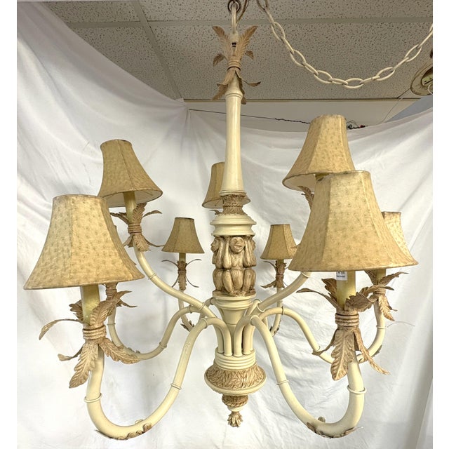 Vintage 9-Light Coastal Chinoiserie Style Monkey Chandelier With Rawhide Shades For Sale - Image 15 of 18