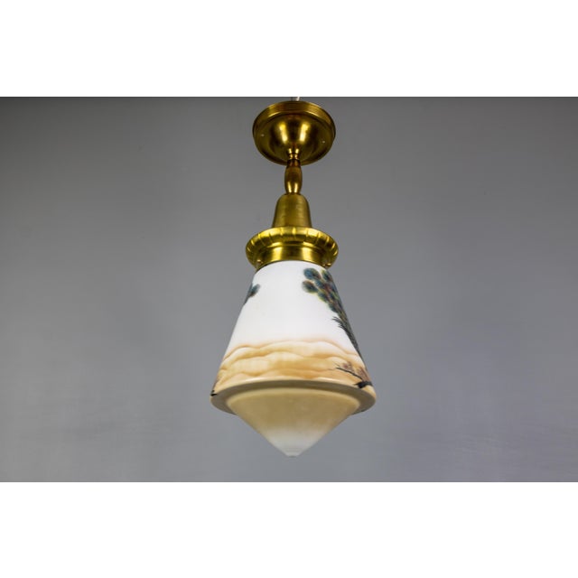 Art Deco Glass and Brass Pendant Light with Bird Paintings, France, 1930s For Sale - Image 14 of 18