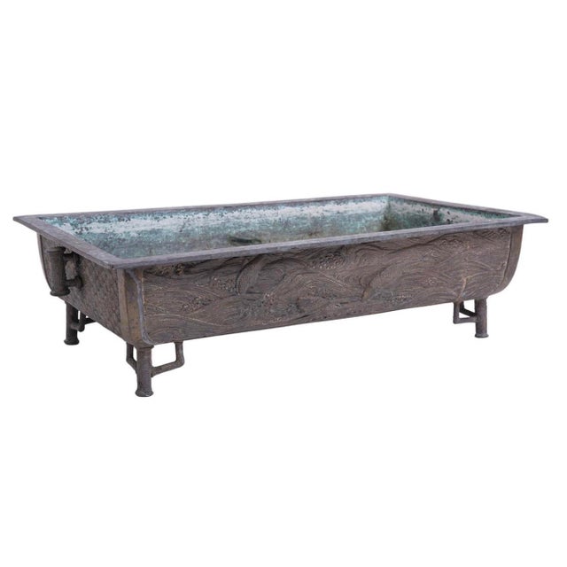 Chinese Signed Koi Bronze Large Rectangular Jardiniere For Sale - Image 3 of 11