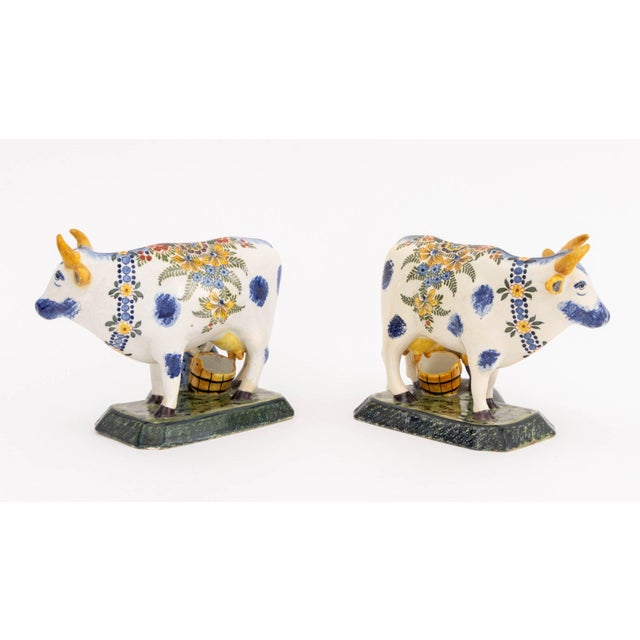 Ceramic Dutch Delft Cow and Milkmaid Figurines, Pair For Sale - Image 7 of 11