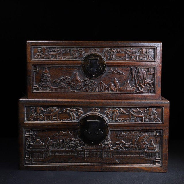 Chinese Pair of Huali Rosewood Nesting Boxes Carved With Landscape & Poetry For Sale - Image 3 of 9