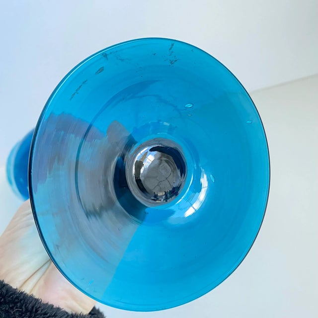 Glass Mid Century Modern 1960s Empoli Italian Art Glass Compote Vase Teal Blue Colored Twisted Snifter 13” Tall For Sale - Image 7 of 10