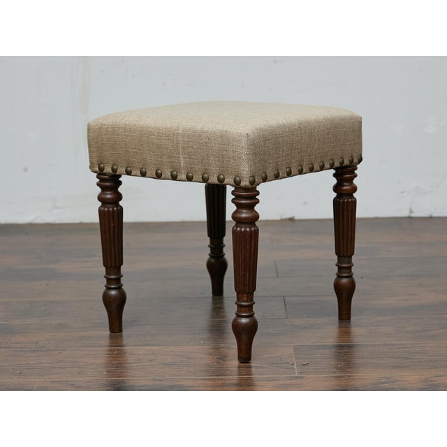 Wood English Mahogany 19th Century Stool with Turned Legs and Custom Linen Upholstery For Sale - Image 7 of 12
