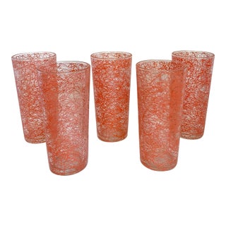 1950's Set of 5 Mid-Century Spaghetti-Painted Glass Tumblers in Coral Orange For Sale