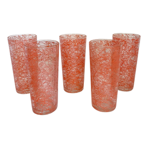 1950's Set of 5 Mid-Century Spaghetti-Painted Glass Tumblers in Coral Orange